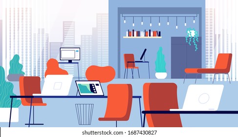 Coworking interior. Open office, chair computer workplace. Creative modern business space. Empty campus with furniture vector illustration