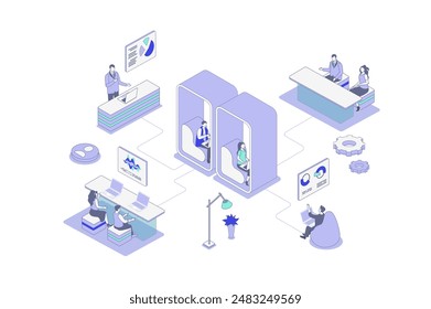 Coworking isometric concept in outline isometry design for web. People working on laptop in open space office, colleagues team meeting, freelancers doing tasks at workplace. Vector illustration.