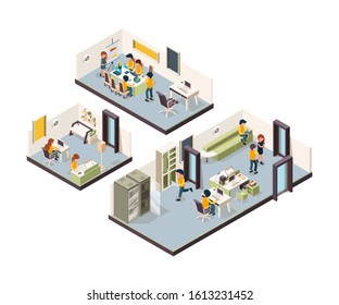 Coworking isometric. Corporate office interior open space creativity managers meeting groups freelancers talking vector low poly