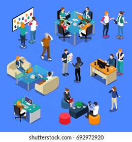 Coworking isometric set with people in workplace, during talking or creative process, interior elements isolated vector illustration  