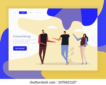 Coworking landing page with creative team, interface elements, menu, buttons on color background, flat vector illustration  