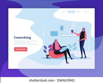 Coworking landing page with interface elements of web site, female creative team flat vector illustration 