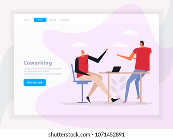 Coworking landing page with team work composition, graphic interface elements on light background flat vector illustration