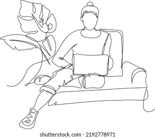 Coworking line art. Vector illustration of a girl working online in a cozy environment. Freehand drawing. Organization of a workplace for remote work