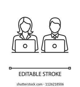 Coworking linear icon. Office work. Freelancing. Thin line illustration. Contour symbol. Colleagues working with laptops. Vector isolated outline drawing. Editable stroke