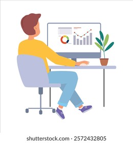 Coworking with Man Character at Workspace at Desk Vector Illustration