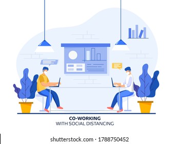 Coworking Men wear Protective Mask at Workplace with Maintaining Social Distance and Presentation Board on White Background. Avoid Coronavirus.