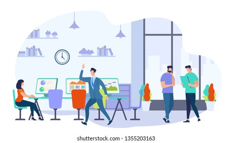 Coworking Men and Woman Creative Workers Team. Group of Young Business People Working Together in Office. Girl Sit at Desk. Modern Coworker Center. Brainstorm Meeting Cartoon Flat Vector Illustration