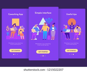 Coworking mobile screen set with interface and tips symbols flat isolated vector illustration