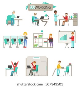 Coworking In Modern Open Space Office Infographic Illustration Set