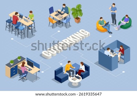 Coworking network concept with various teams working in modern office spaces. Isometric vector illustration.