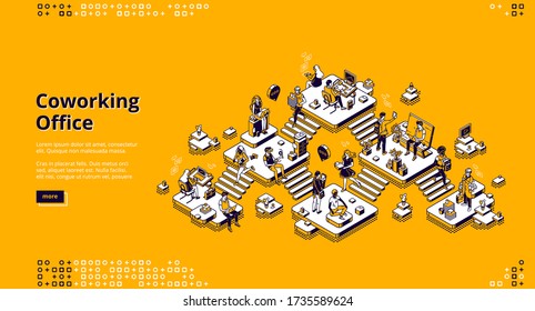 Coworking office banner. Concept of modern creative workplace for different employee. Vector landing page of open space office for freelance, startup or business with isometric people with laptop