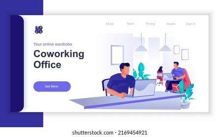 Coworking office concept 3d isometric web banner with people scene. Employees working on laptops at desktops in open office together. Vector illustration for landing page and web template design