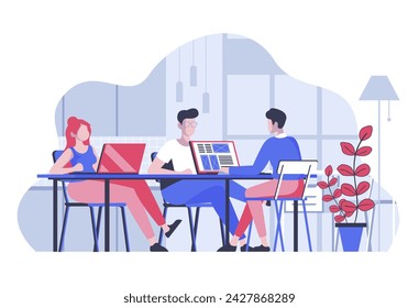 Concepto de oficina de coworking con personas de dibujos animados en diseño plano para web. Compañeros de trabajo en equipo y freelancers trabajando en el ordenador portátil en espacio abierto. Ilustración vectorial para banner de redes sociales, material de marketing.