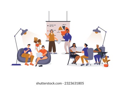Coworking office concept with character scene for web. Women and men employees working and brainstorming in open space. People situation in flat design. Vector illustration for marketing material.