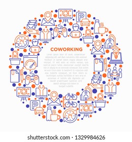 Coworking office concept in circle with thin line icons: workplace, meeting room, conference hall, smart office, parking, reception, legal address, fast internet. Vector illustration for print media.