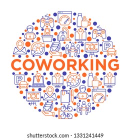 Coworking office concept in circle with thin line icons: workplace, meeting room, conference hall, smart office, parking, reception, legal address, fast internet. Vector illustration for print media.