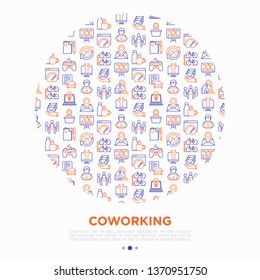 Coworking office concept in circle with thin line icons: workplace, meeting room, conference hall, smart office, parking, reception, legal address, fast internet. Vector illustration for print media