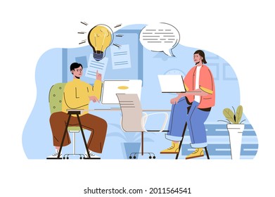 Coworking office concept. Employees brainstorming and working together situation. Coworker or colleagues people scene. Vector illustration with flat character design for website and mobile site