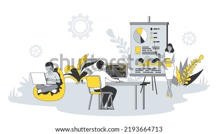 Coworking office concept in flat design with people. Man and woman work on laptops or computers, discussing and brainstorming in open space. Vector illustration with character scene for web banner
