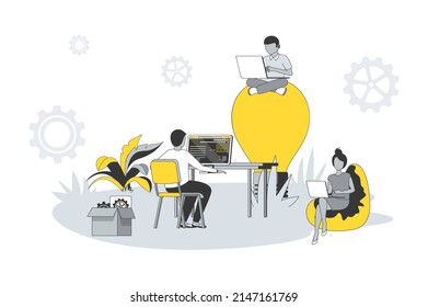 Koarbeitsbüro-Konzept in flacher Ausführung. Menschen, die an Laptops und Computern arbeiten, kommunizieren, entwickeln Ideen und brainstorming im offenen Raum. Vektorgrafik mit Umrissszene für Web