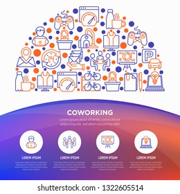 Coworking office concept in half circle with thin line icons: workplace, meeting room, conference hall, parking, reception, legal address, fast internet. Vector illustration for print media, banner.