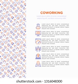 Coworking office concept with thin line icons: workplace, meeting room, conference hall, smart office, parking, reception, legal address, fast internet, 24 hour access, IT support. Vector illustration