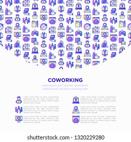 Coworking office concept with thin line icons: workplace, meeting room, conference hall, smart office, parking, reception, fast internet, 24 hour access, bike storage. Vector illustration.