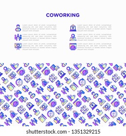 Coworking office concept with thin line icons: workplace, meeting room, conference hall, smart office, parking, reception, legal address, fast internet, 24 hour access. Vector illustration.