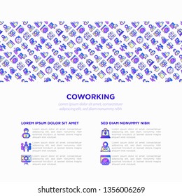 Coworking office concept with thin line icons: workplace, meeting room, conference hall, smart office, parking, reception, legal address, fast internet, 24 hour access. Vector illustration.