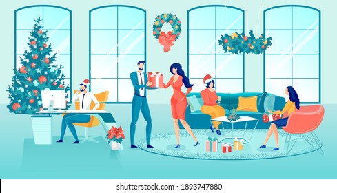 Coworking Office Decorated for Xmas. Happy Coworkers. Man Congratulate Female Colleague with Winter Holidays Giving Gift. Women Friends Chatting at Table. Boss Work on Computer. Vector illustration