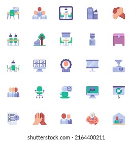 Co-working office elements collection, flat icons set, Colorful symbols pack contains - workspace, workplace, employee, freelancer, management, business people. Vector illustration. Flat style design