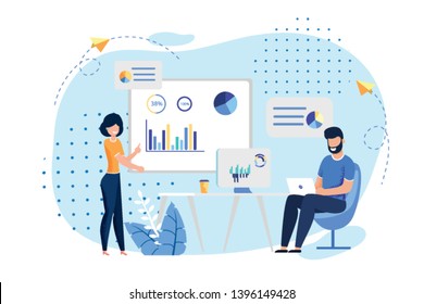 Coworking Office and Employees Sharing Working Space. Man Typing on Laptop, Woman Reports Standing near Presentation Board. Business Meeting, Conference, Formal discussion. Vector Flat Illustration