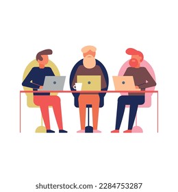 Composición plana de oficina de trabajo con colegas que trabajan en una ilustración de vector de escritorio