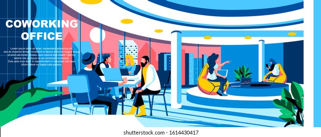 Coworking office flat vector landing page template. Contemporary open corporate space banner layout with header. Employees modern collaboration workplace cartoon illustration with text space