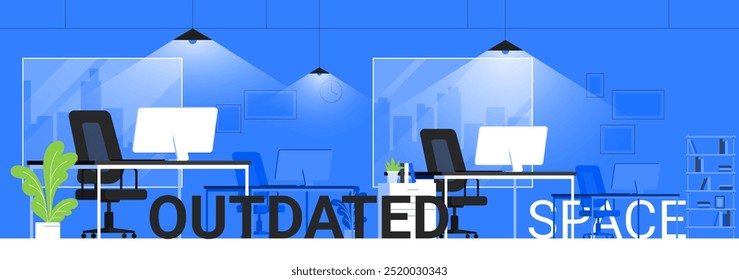 Coworking office flat vector landing page template. Contemporary open corporate space banner layout with header group office work office or coworking space. tables with  computers outdated