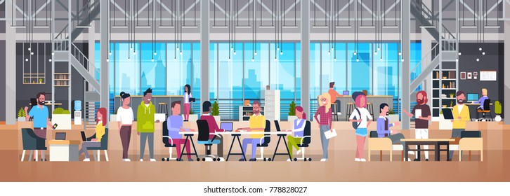 Coworking Office Group Of Creative People Working Together In Modern Coworker Center Flat Vector Illustration