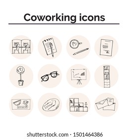 Coworking office hand drawn doodle set. Vector illustration. Isolated elements on white background. Symbol collection.