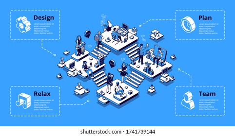 Coworking office infographics isometric landing page. Area separated on rooms for relax, plan, design and team communication. Workplace with people teamwork, freelance, 3d vector line art, web banner