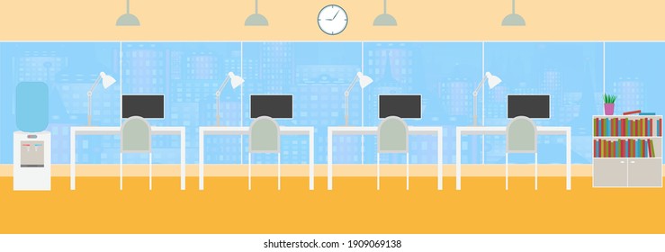 Coworking office interior concept. Modern office with windows, PC, flower,workplace desk, bookcase,cooler,clock. Flat design. Coworking Center. Stock vector illustration. 