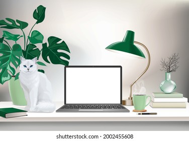 Co-working office interior with mock-up laptop, coffee cup, stationery, plants and  cat standing on a computer table.  Font view workspace vector editable illustration.