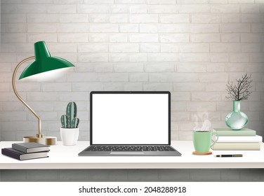 Co-working office interior with mock-up laptop, coffee cup, stationery, plants on a computer table.  Font view workspace vector editable illustration
