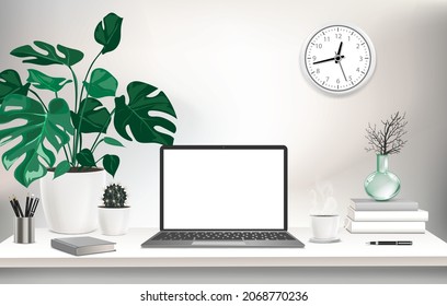 Co-working office interior with mock-up laptop, coffee cup, stationery, plants on a computer table.  Font view workspace vector editable illustration.