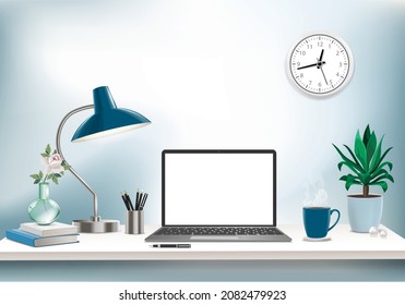 Co-working office interior with mock-up laptop, coffee cup, stationery, plants on a computer table. Font view workspace vector editable illustration