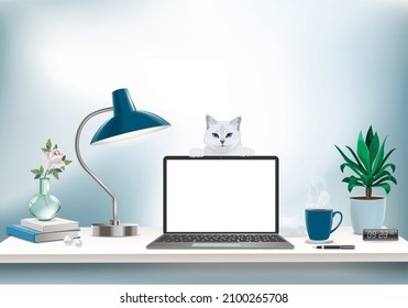 Co-working office interior with mock-up laptop, coffee cup, stationery, plants and  cat standing on a computer table.  Font view workspace vector editable illustration.