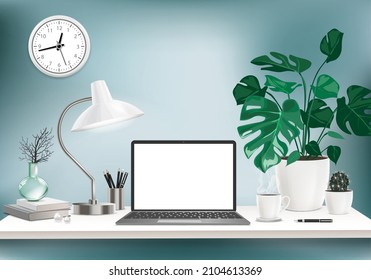 Co-working office interior with mock-up laptop, coffee cup, stationery, plants on a computer table.  Font view workspace vector editable illustration.