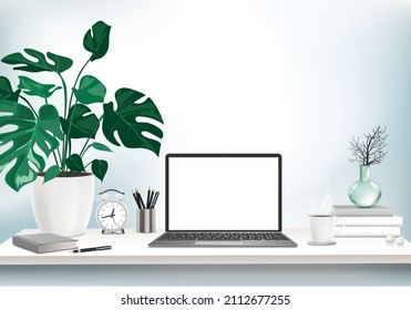 Co-working office interior with mock-up laptop, coffee cup, stationery, plants on a computer table.  Font view workspace vector editable illustration.