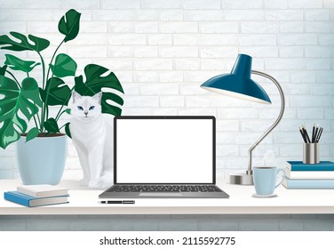 Co-working office interior with mock-up laptop, coffee cup, stationery, plants and  cat standing on a computer table.  Font view workspace vector editable illustration