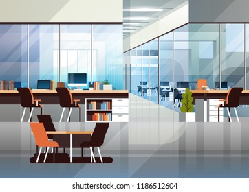 Coworking office interior modern center creative workplace environment horizontal empty workspace flat vector illustration