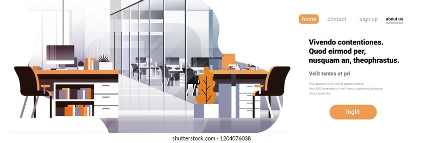 Coworking office interior modern center creative workplace environment horizontal banner copy space empty workspace flat vector illustration